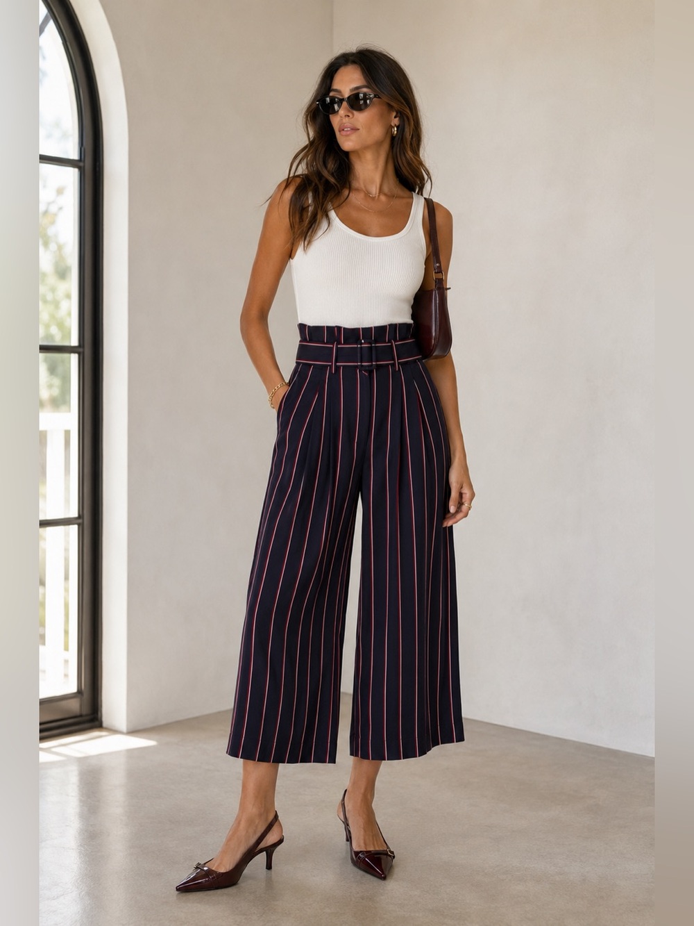 10 Crosby Derek Lam Navy Pinstripe Pleated Belted Wide Leg Crop Trousers Sz 2